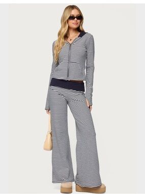 NWT Edikted Meggy Striped Foldover Navy & White Wide Leg Lounge Pants Only SM